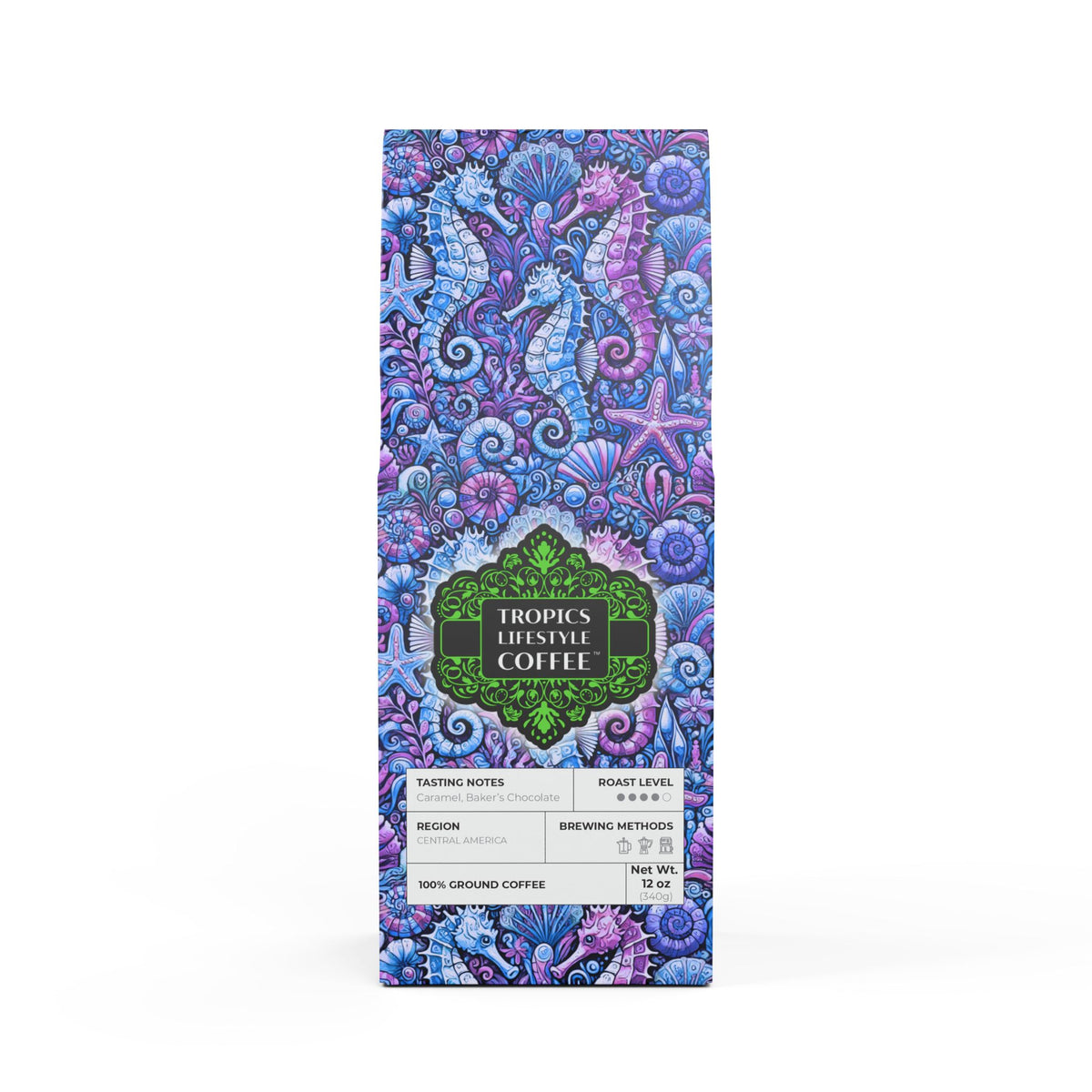 Cocoa Palms Blend™ (Medium-Dark Roast) Specialty Grade Craft Coffee / Seahorse Trio, Blue
