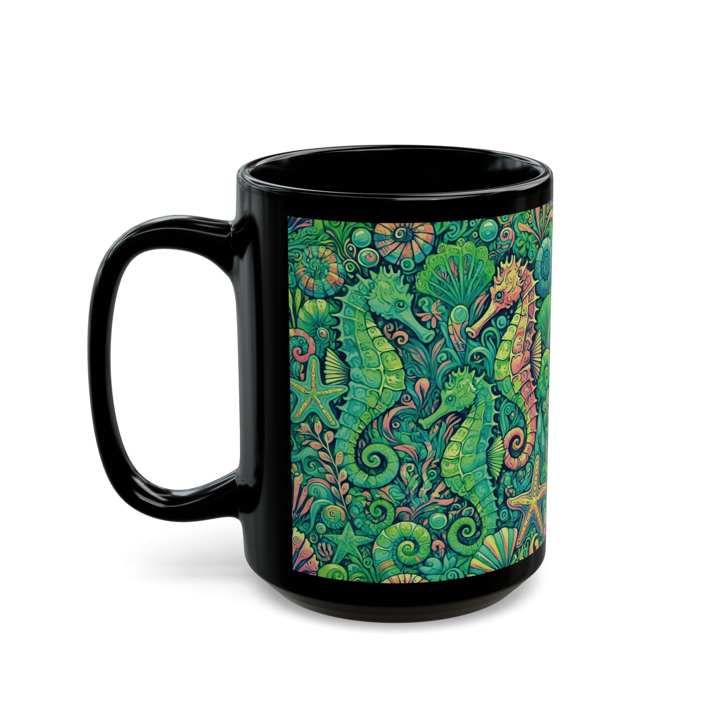 Black Coffee Mug - Seahorse Trio, Lime