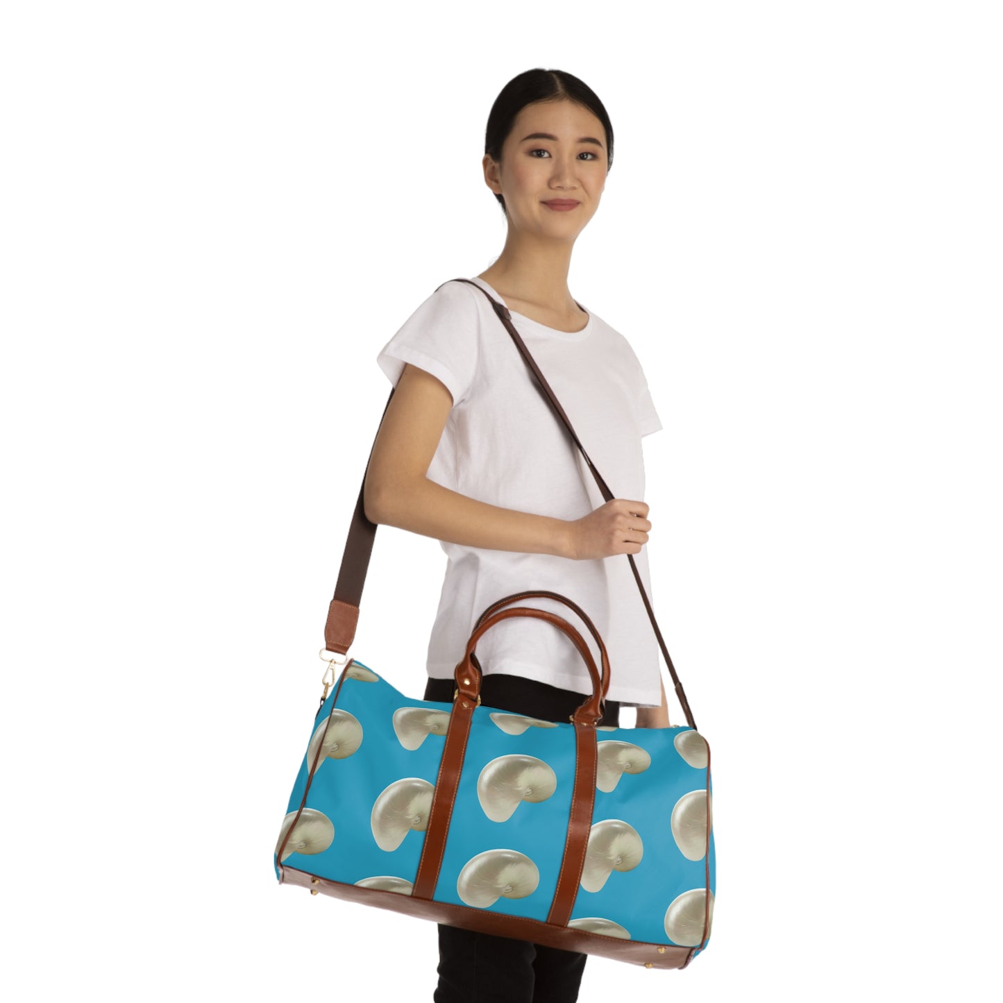 Tropical Waterproof Travel Bag - Perfect for Beach Getaways / Real White Nautilus Shells, Turquoise