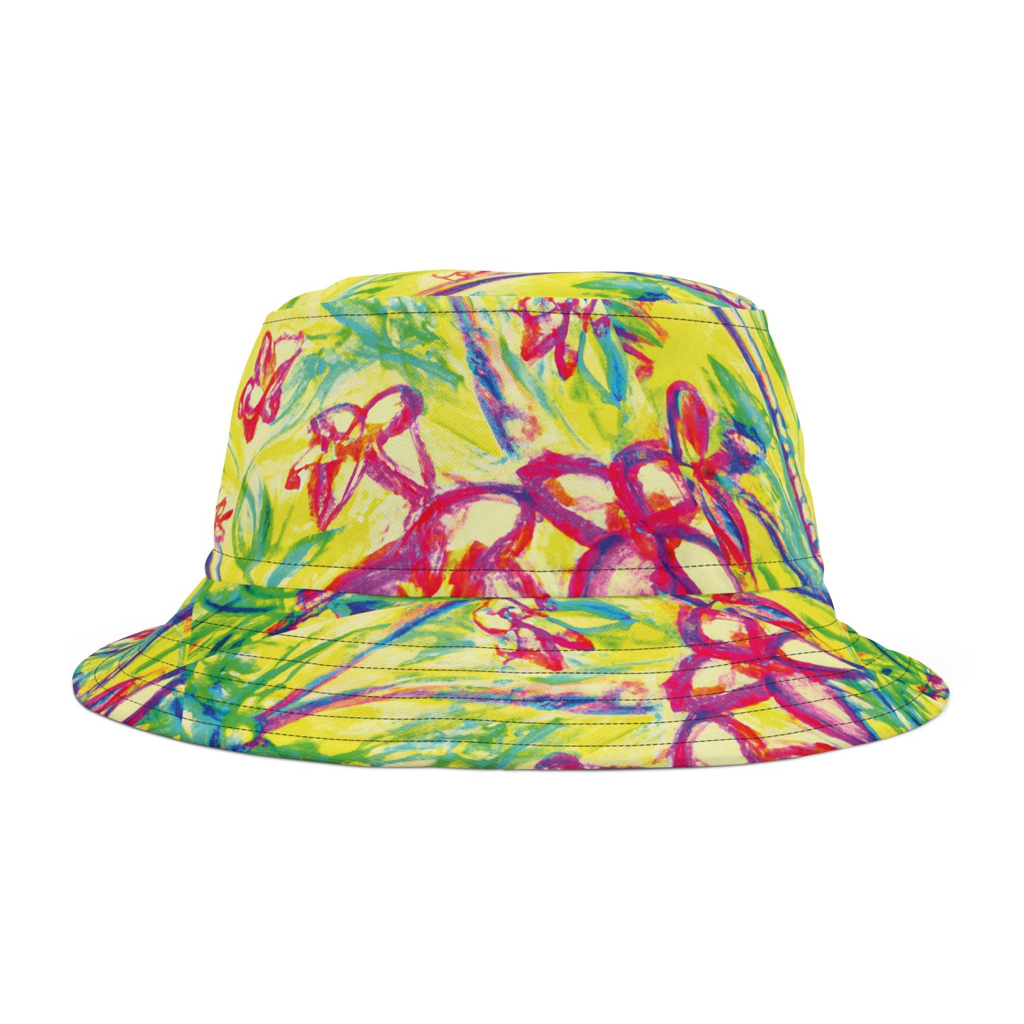 Tropical Polyester Bucket Hat, 2 Sizes - Tropical Doodles/Yellow