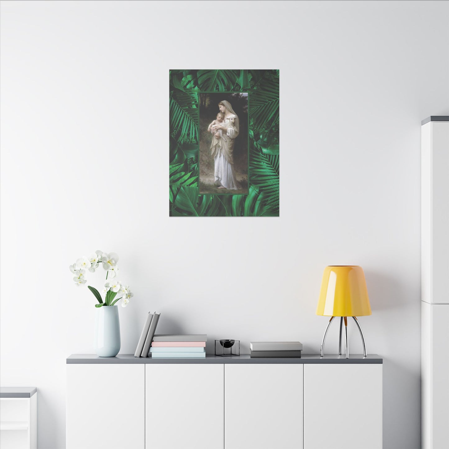 "Tropical Rainforest Innocence" Religious Canvas Artwork - Stretched Canvas Print / Virgin Mary & Jesus