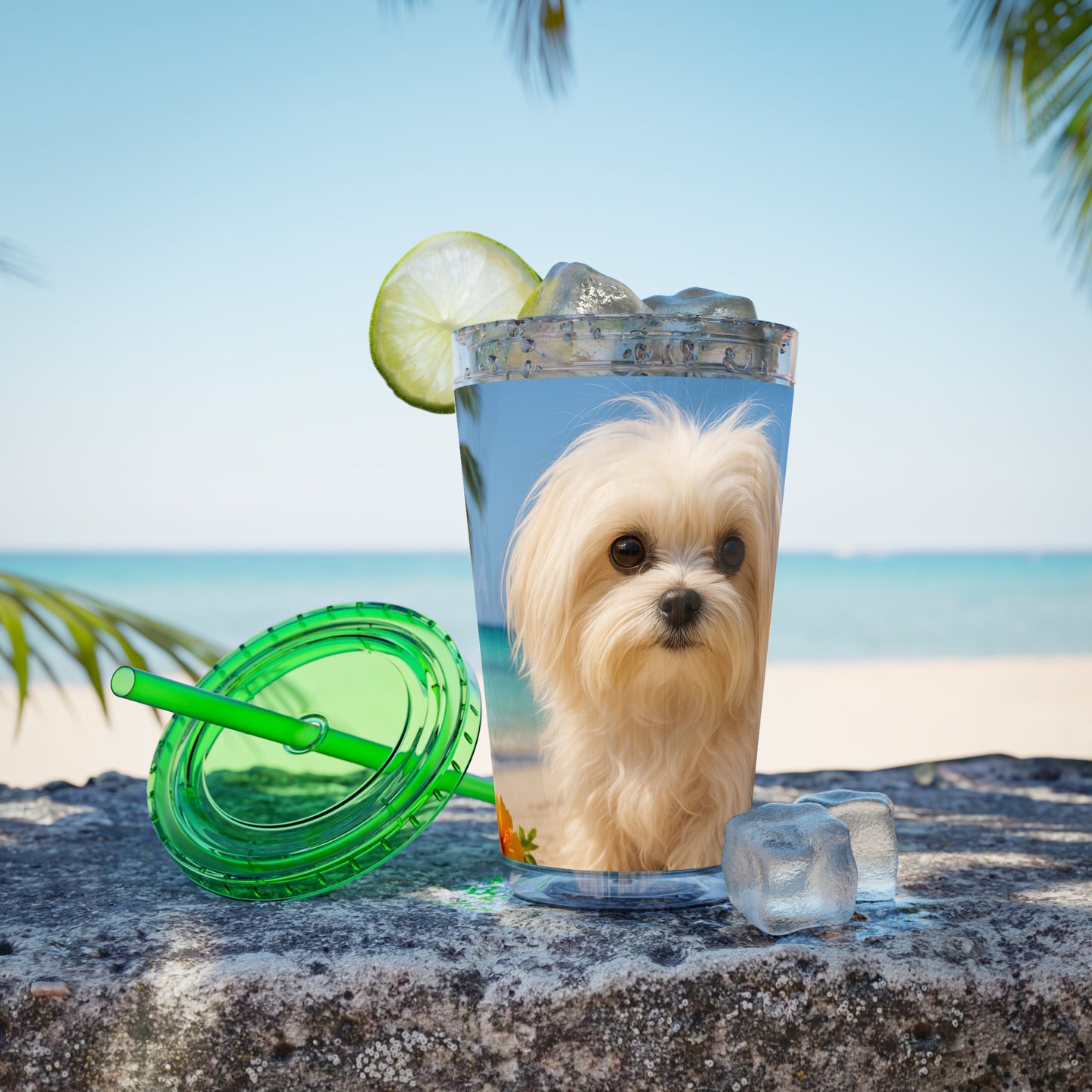 Tropical Tumbler with Straw | 16oz Colorful Travel Cup / Puppy Ariel at the Beach