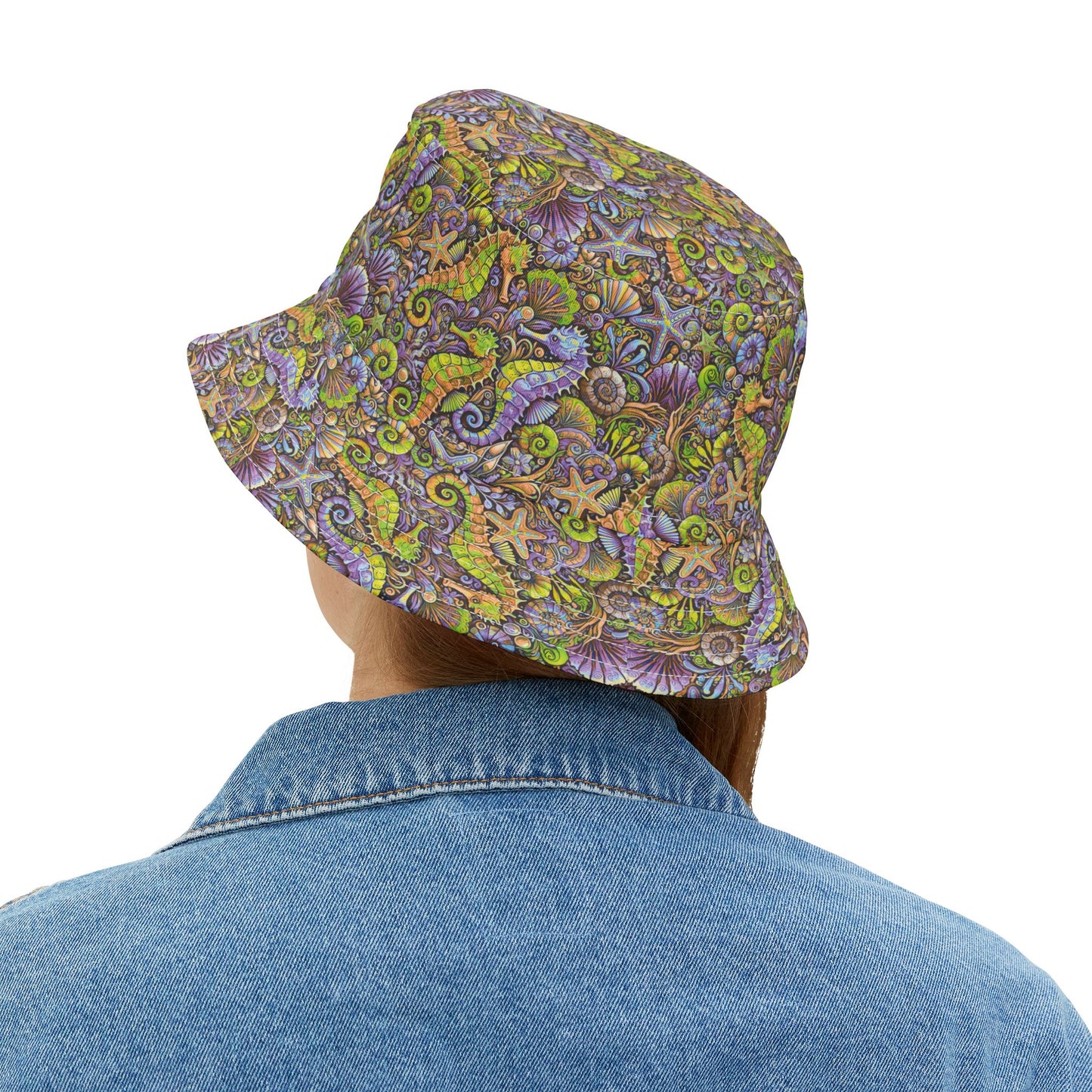 Tropical Polyester Bucket Hat, 2 Sizes - Seahorses Purple