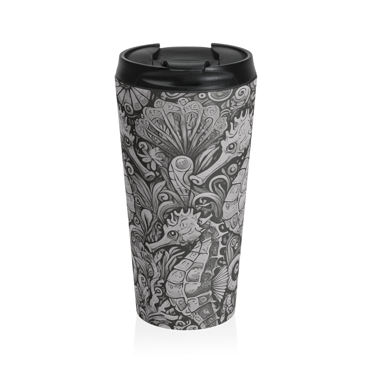 15 oz. Stainless Steel Travel Mug / Seahorse Trio, Noir Black