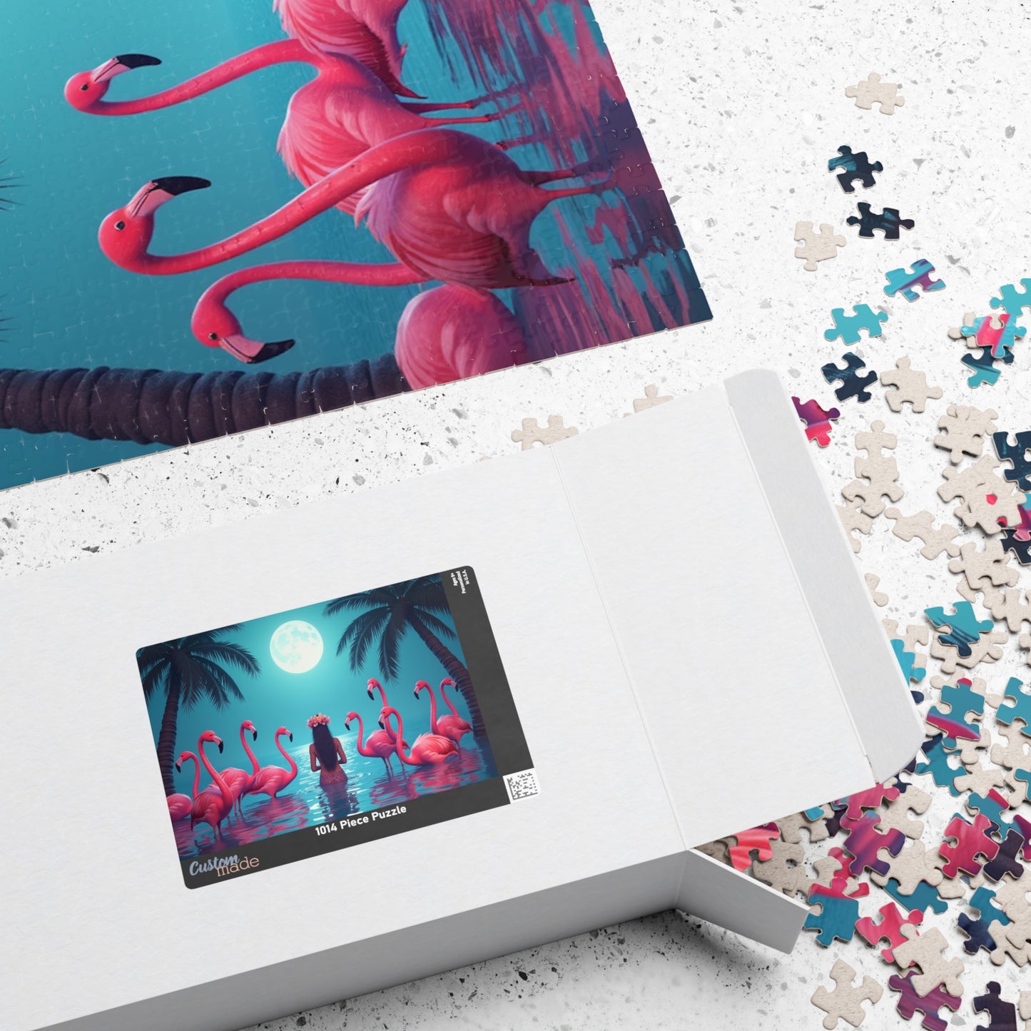 Moonlit Mermaid and Flamingos Troical Puzzle, 4 Sizes - Relaxing Jigsaw for Island Vibes