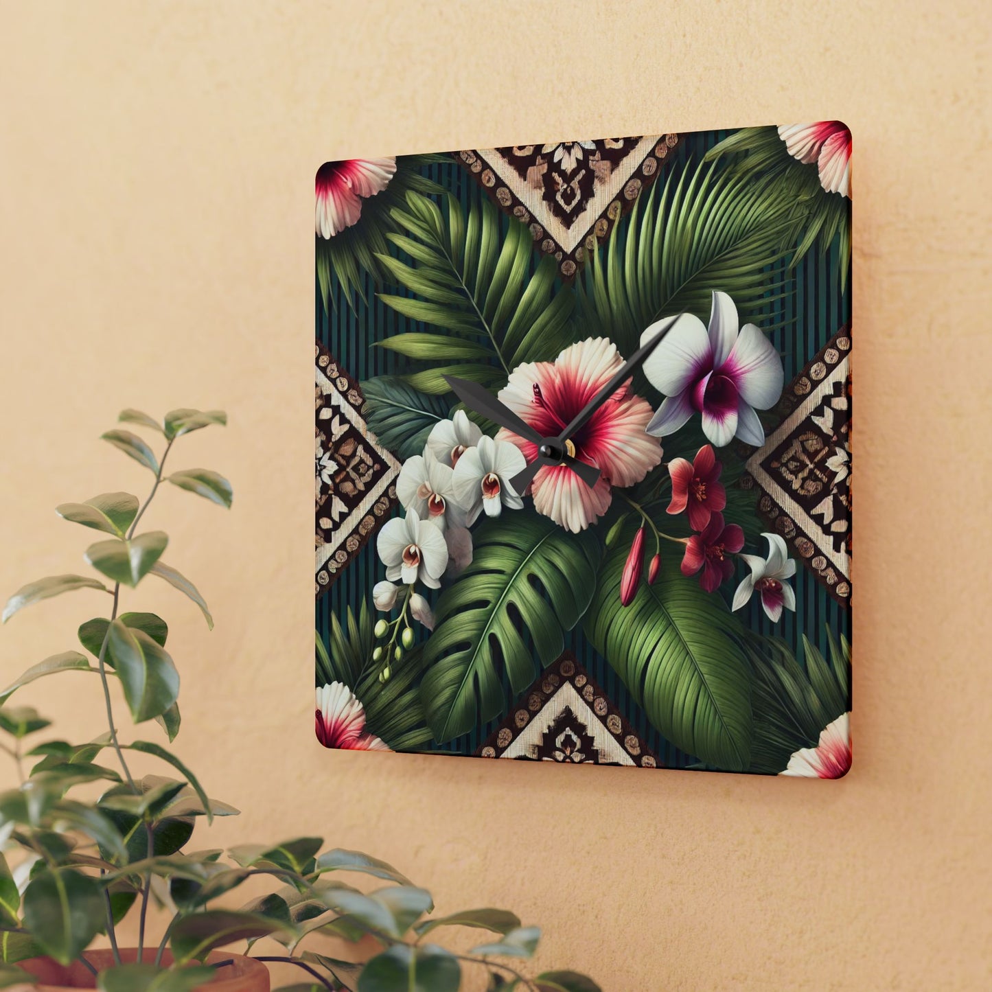 Acrylic Wall Clock / Tiki Orchids