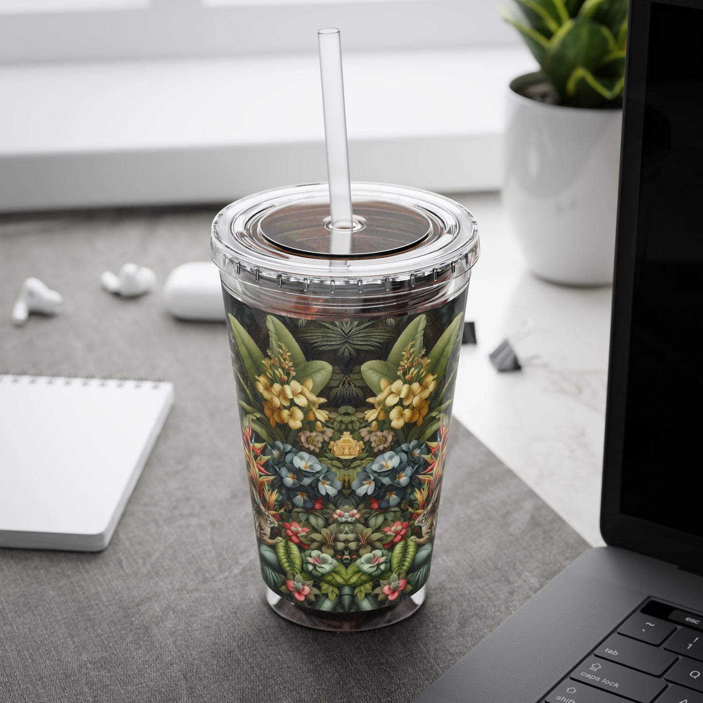 Tropical Tumbler with Straw | 16oz Colorful Travel Cup / Rainforest Rabbit Outing