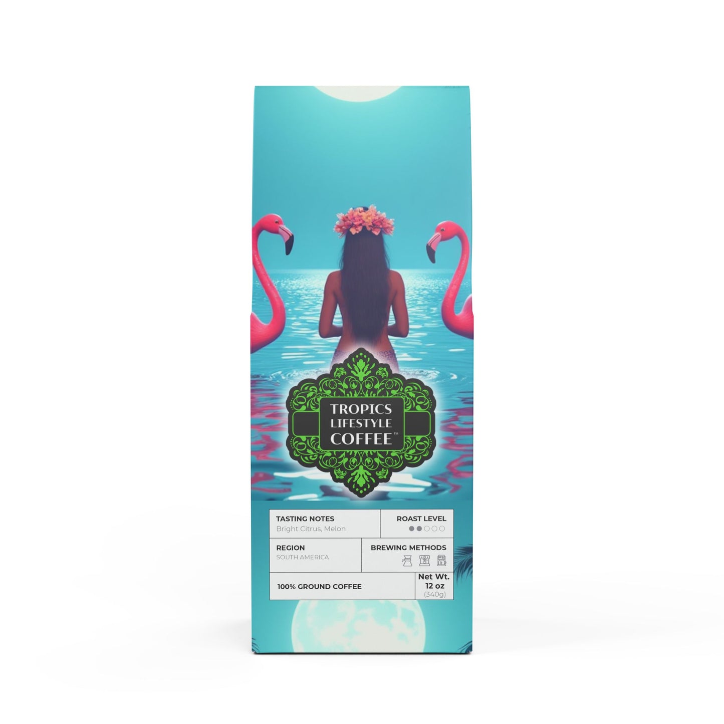 Golden Sands Single Origin™ Coffee (Light-Medium Roast) Specialty Grade / Moonlit Mermaid and Flamingos
