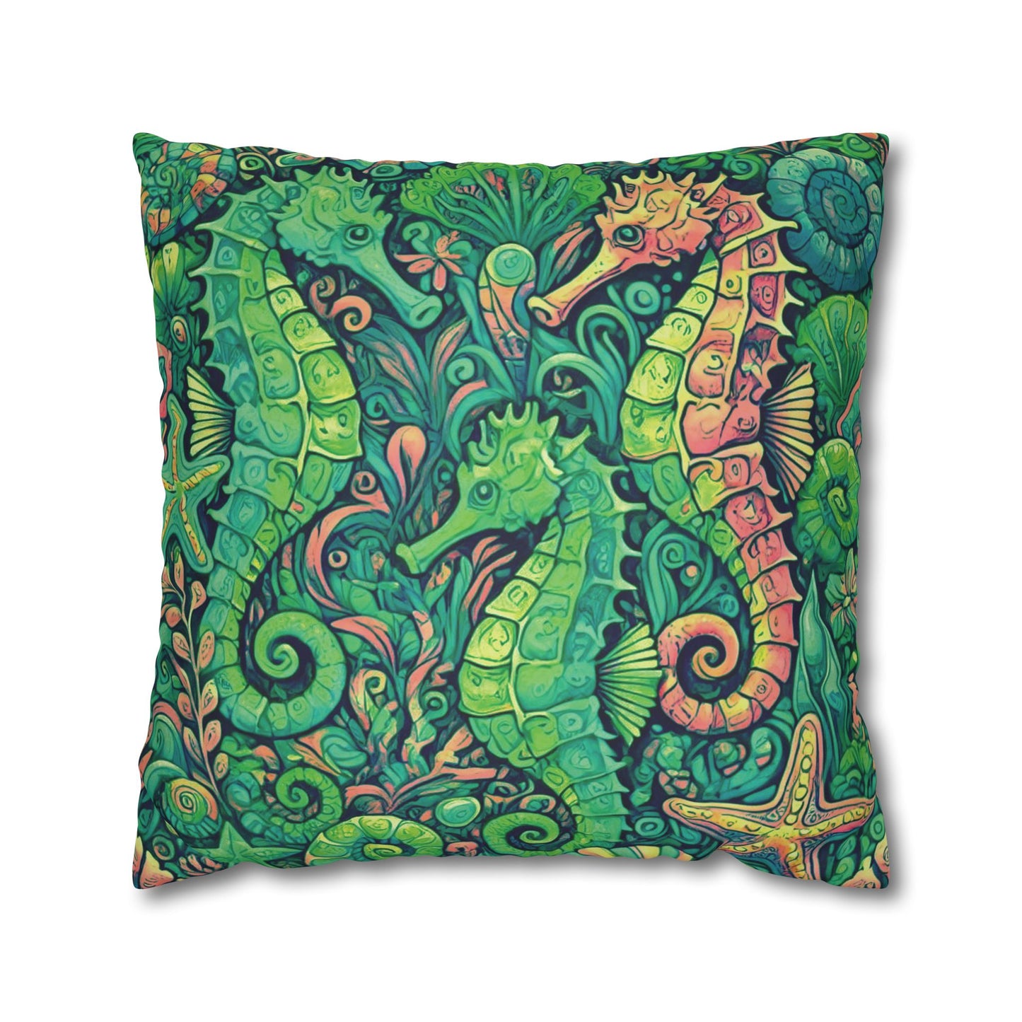 Faux Suede Square Pillowcase - Seahorse Trio/Hot Lime