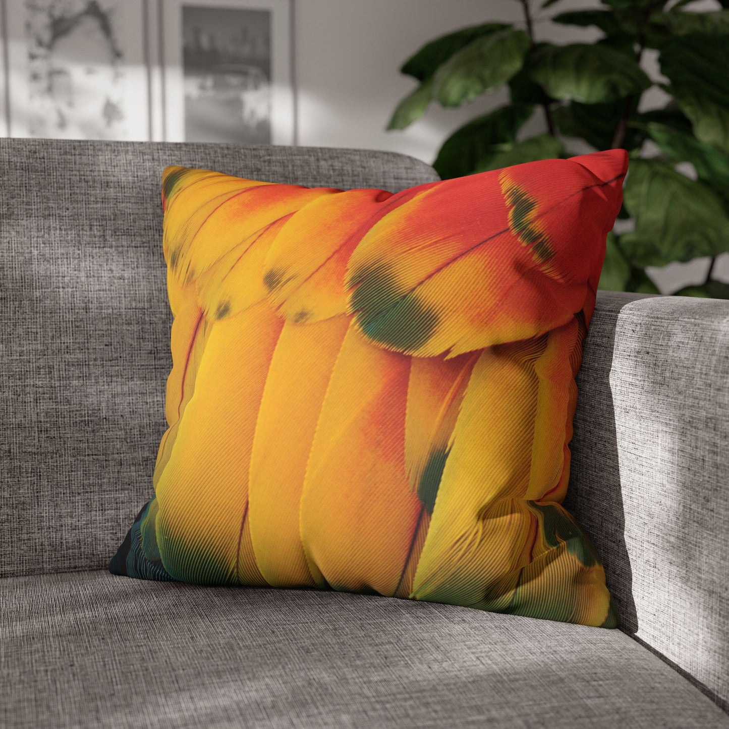 Faux Suede Square Pillowcase - Macaw Parrot Feathers