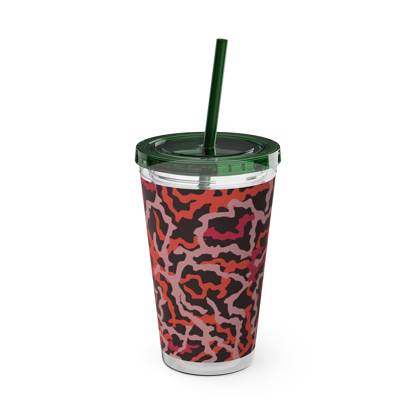 Tropical Tumbler with Straw | 16oz Colorful Travel Cup / Coral Threads, Red