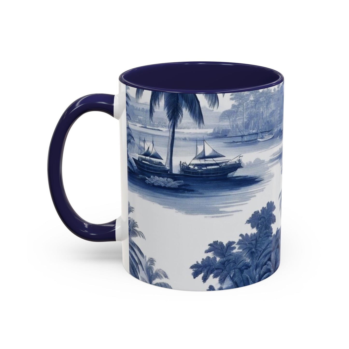 Accent Coffee Mug (11, 15oz), 8 Colors - Tropical Toile Blue/White