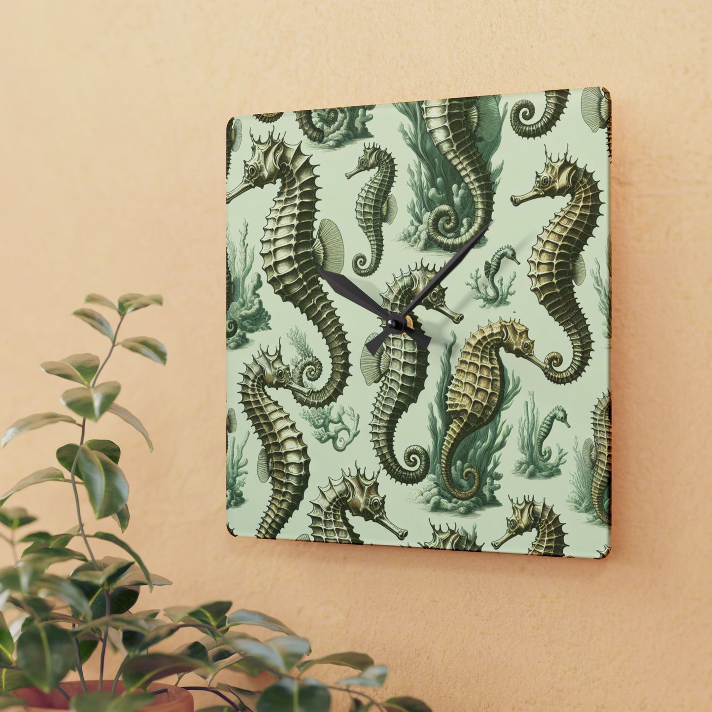 Acrylic Wall Clock, Green Toile Seahorses