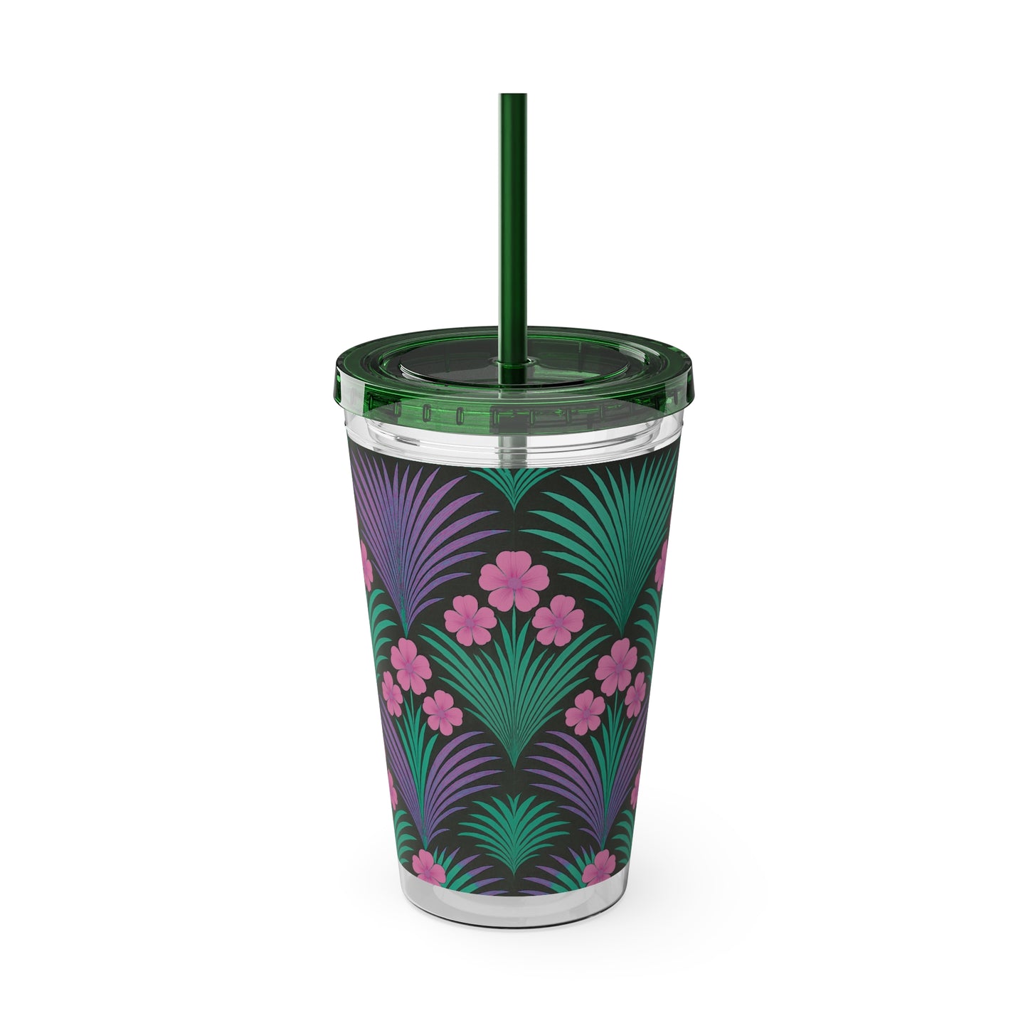 Tropical Tumbler with Straw | 16oz Colorful Travel Cup / Midnight Hibiscus Deco, Pink