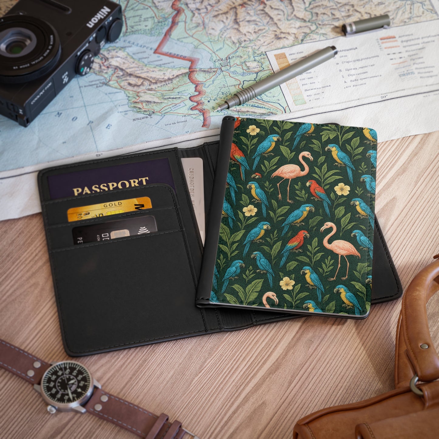 Tropical Passport Cover, Faux Leather - RFID blocking for travel security / Flamingo and Parrots