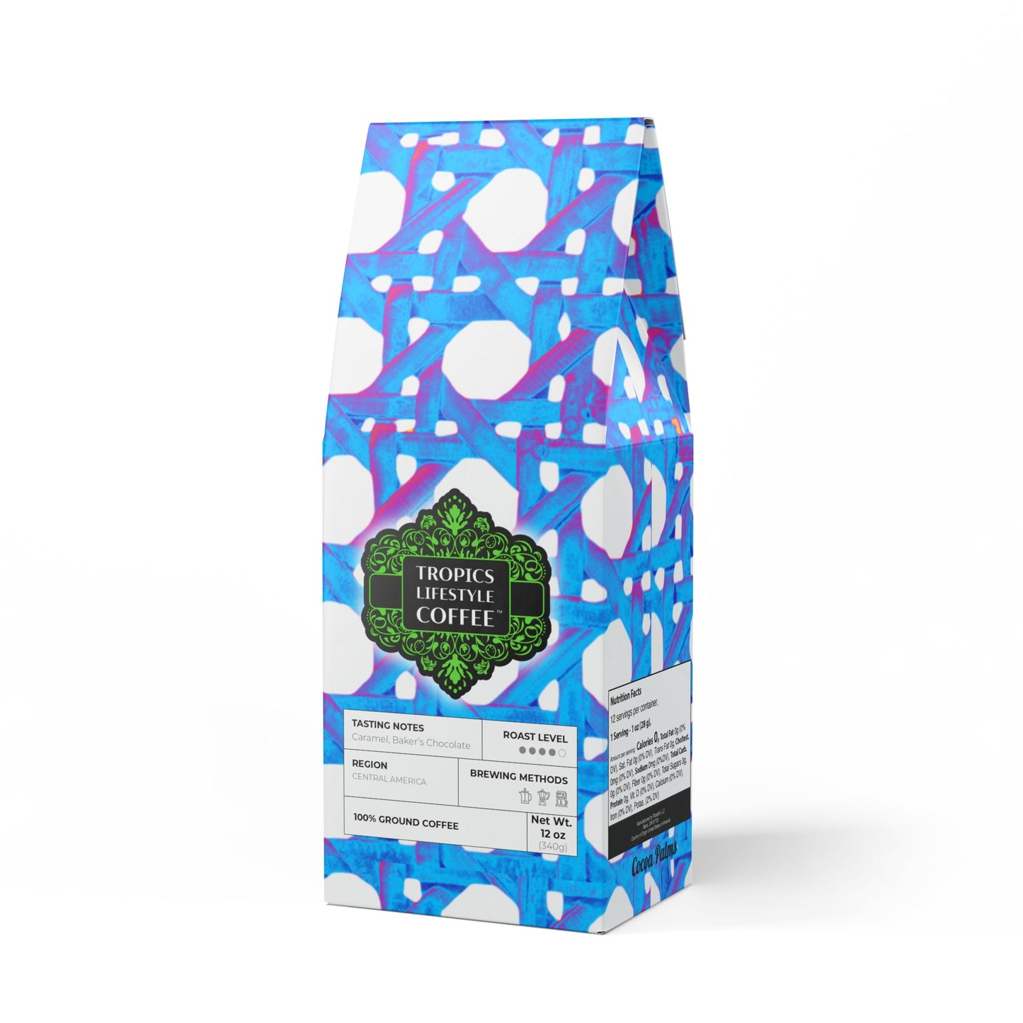 Cocoa Palms Blend™ (Medium-Dark Roast) Specialty Grade Craft Coffee / Chair Wicker, Turquoise