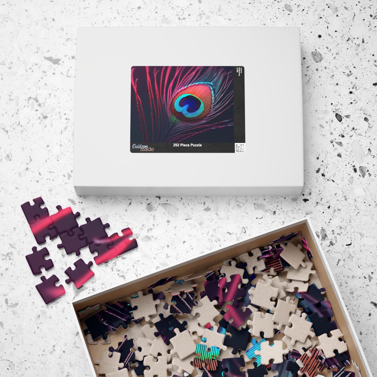 Peacock Eye Feather, Magenta / Tropical Puzzle, 4 Sizes - Relaxing Jigsaw for Island Vibes