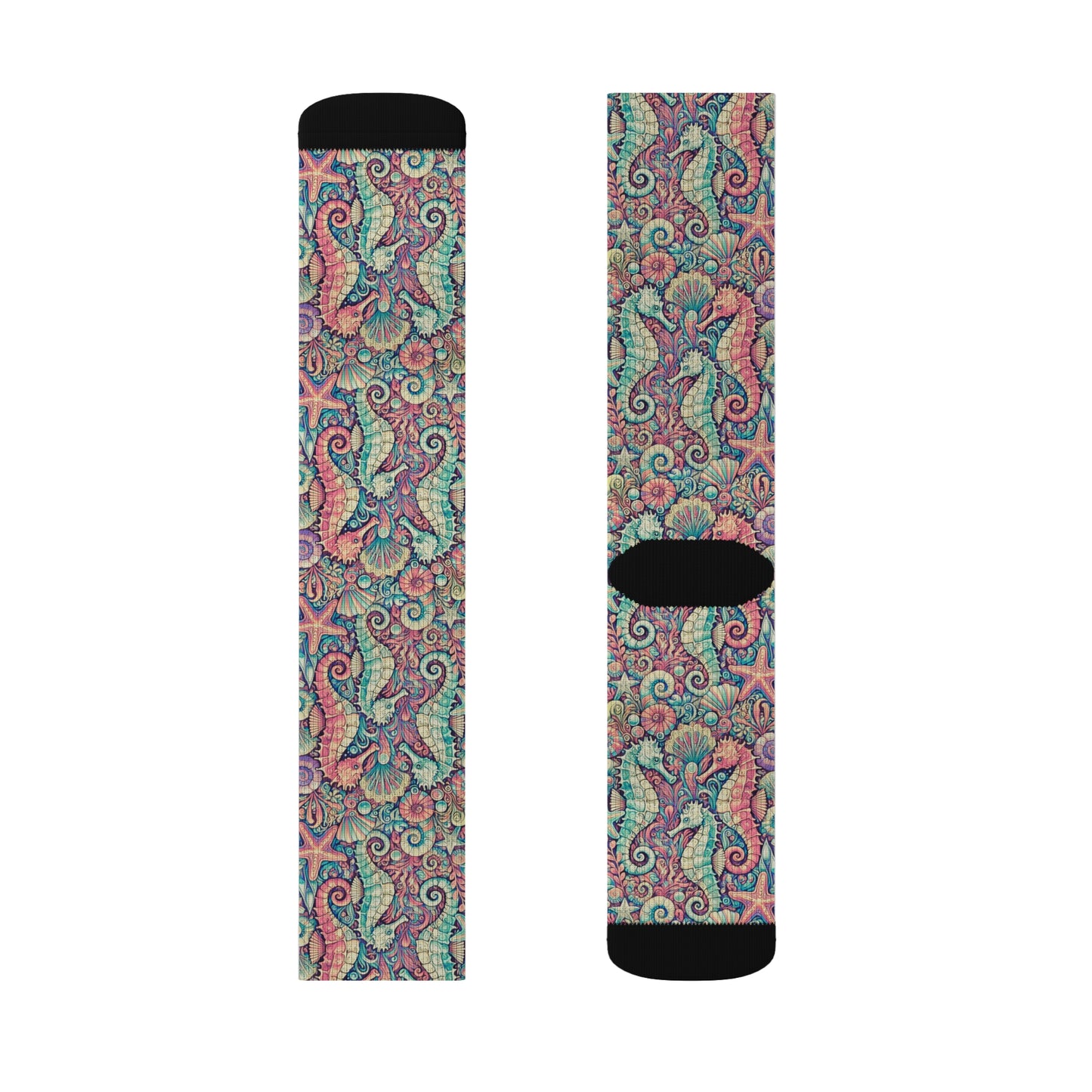 Seahorses/Retro Sublimation Fleece-Lined Socks - Colorful Tropical Design