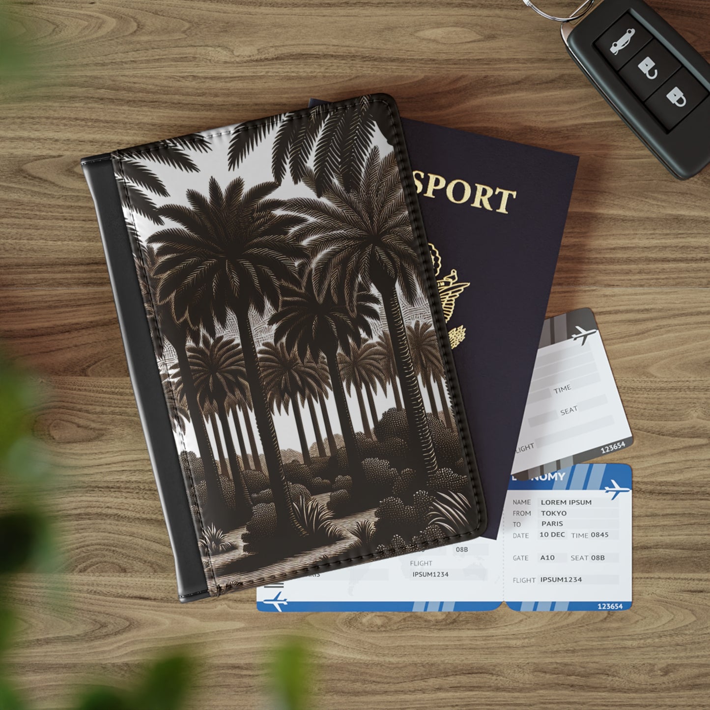 Tropical Passport Cover, Faux Leather - RFID blocking for travel security / Amazing Woodcut Palms