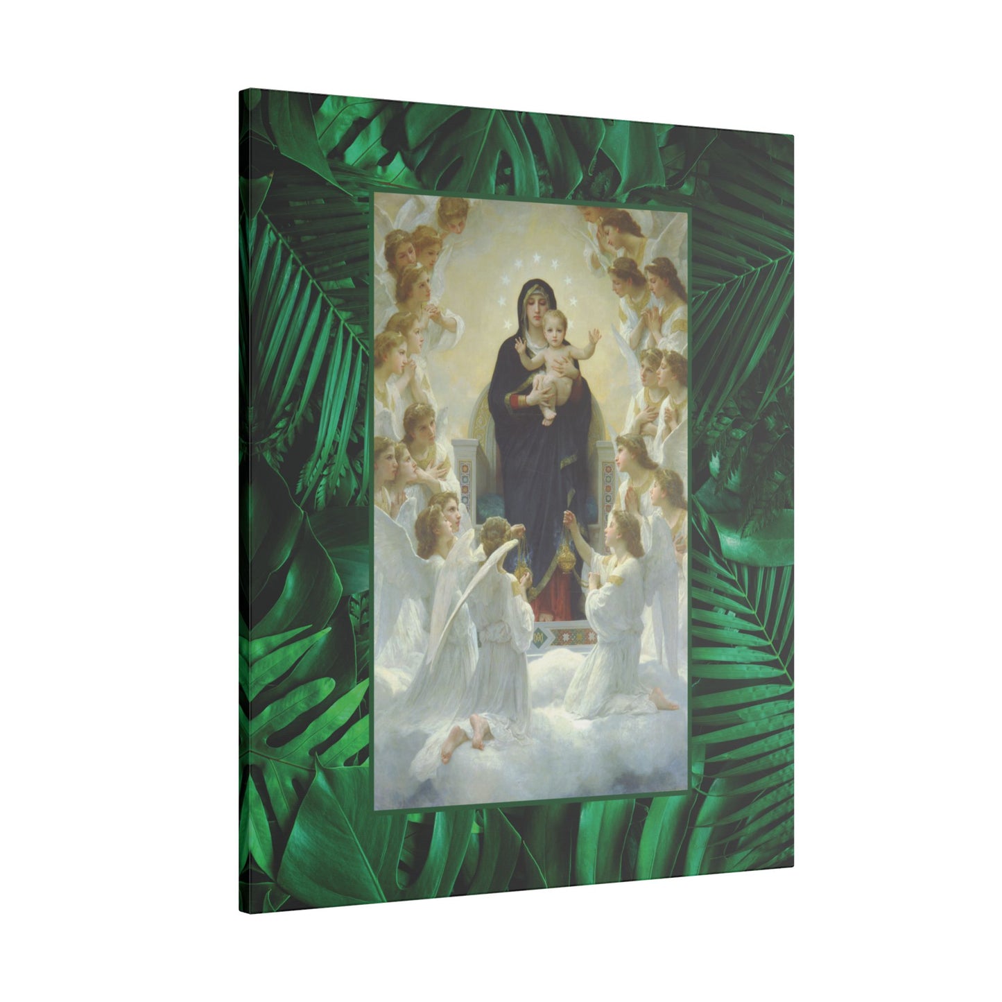 "Tropical Rainforest Our Lady With Angels" Religious Canvas Artwork - Stretched Canvas Print / Virgin Mary & Jesus