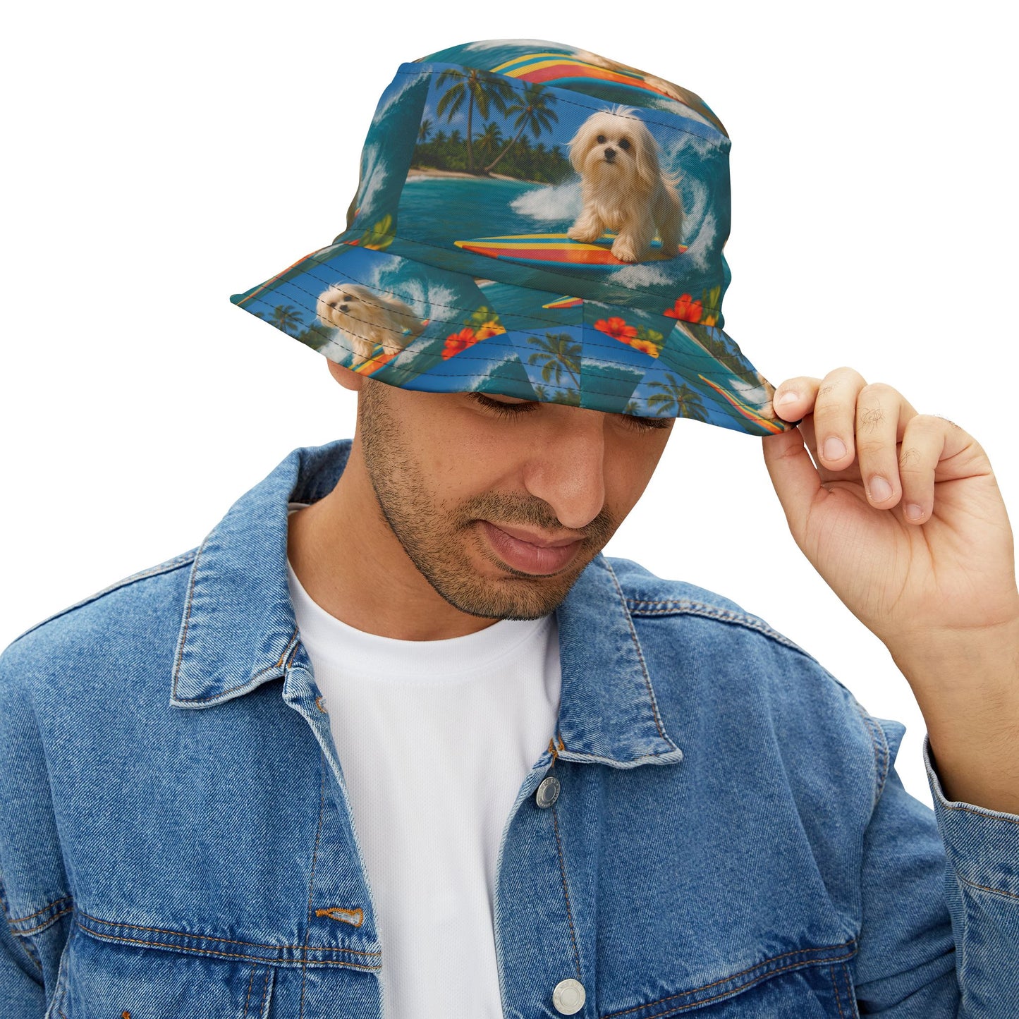 Tropical Polyester Bucket Hat, 2 Sizes - Puppy Ariel the Dog Surfer