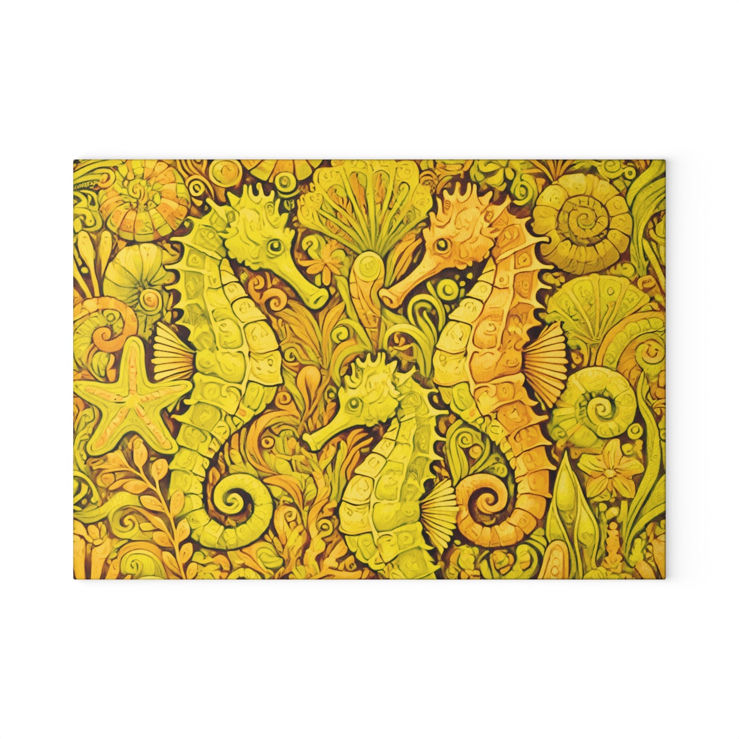 Glass Cutting Board, 2 sizes - Seahorses/Yellow