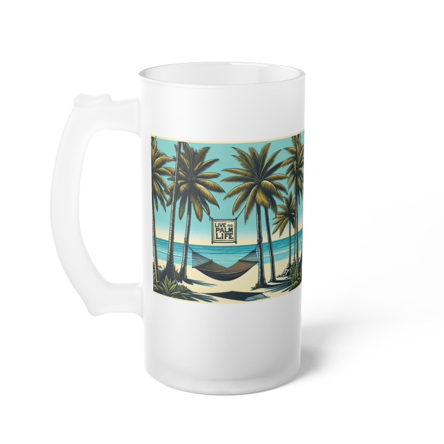 Frosted Glass Beer Mug, Hammock on the Beach