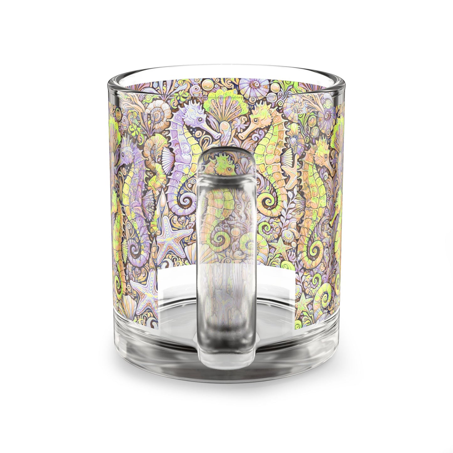 Tropical Glass Mug - 10oz Coffee Cup / Seahorses, Purple