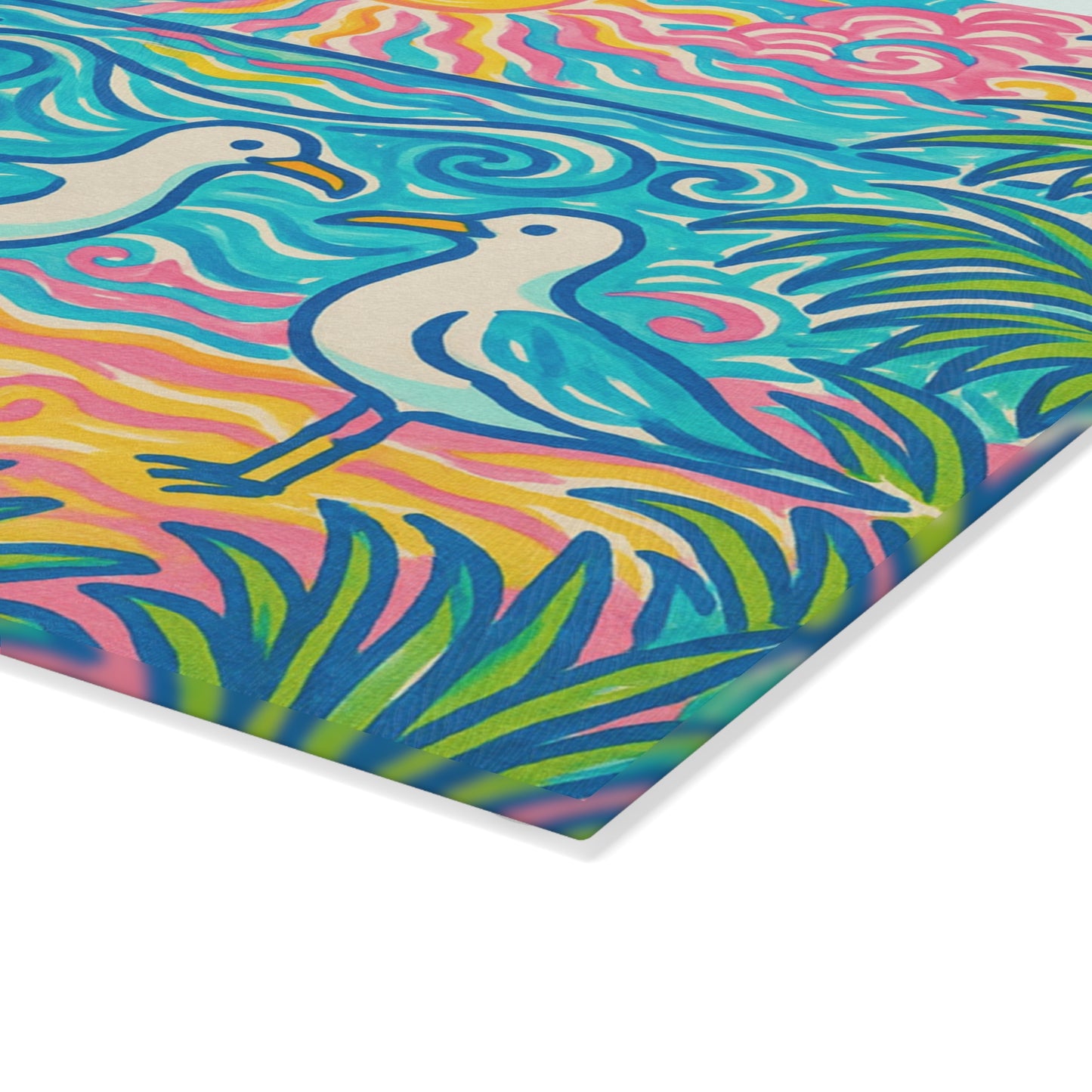 Glass Cutting Board, 2 sizes - Tropical Beach Seagulls