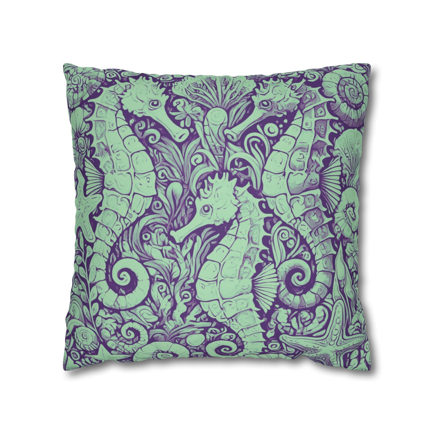 Faux Suede Square Pillowcase - Seahorse Trio, Minty