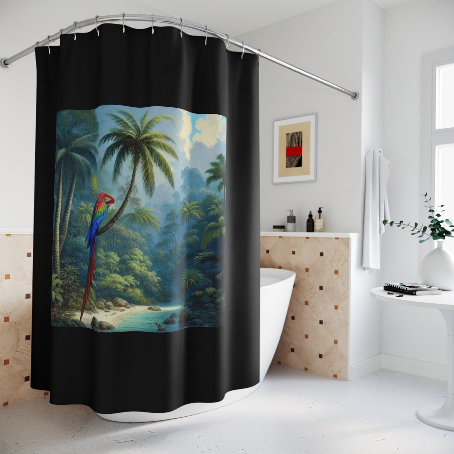 Tropical Shower Curtain - Rainforest Bathroom Decor / Sleeping Beauty Parrot, Black