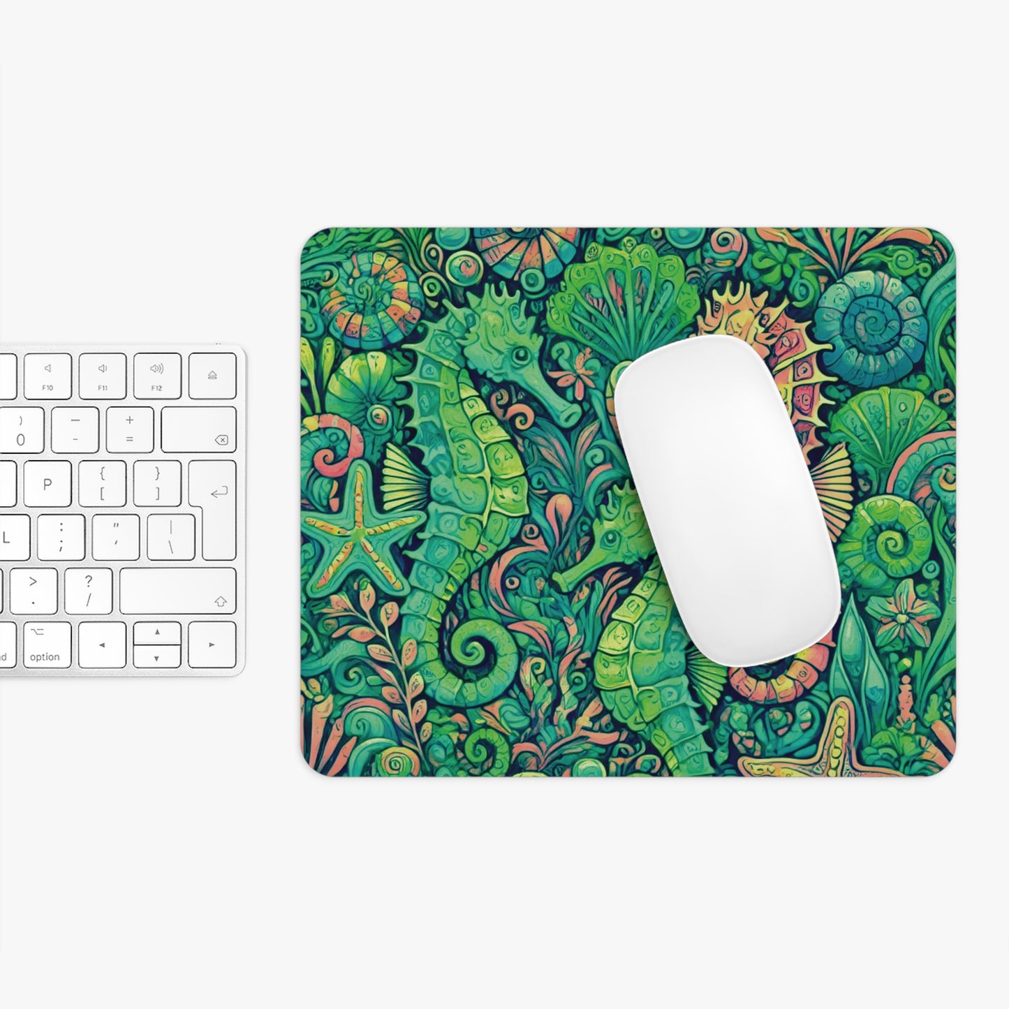 Tropical Mouse Pad, 2 Shapes - Beach Vibes for Home Office & Gamer / Seahorse Trio, Lime