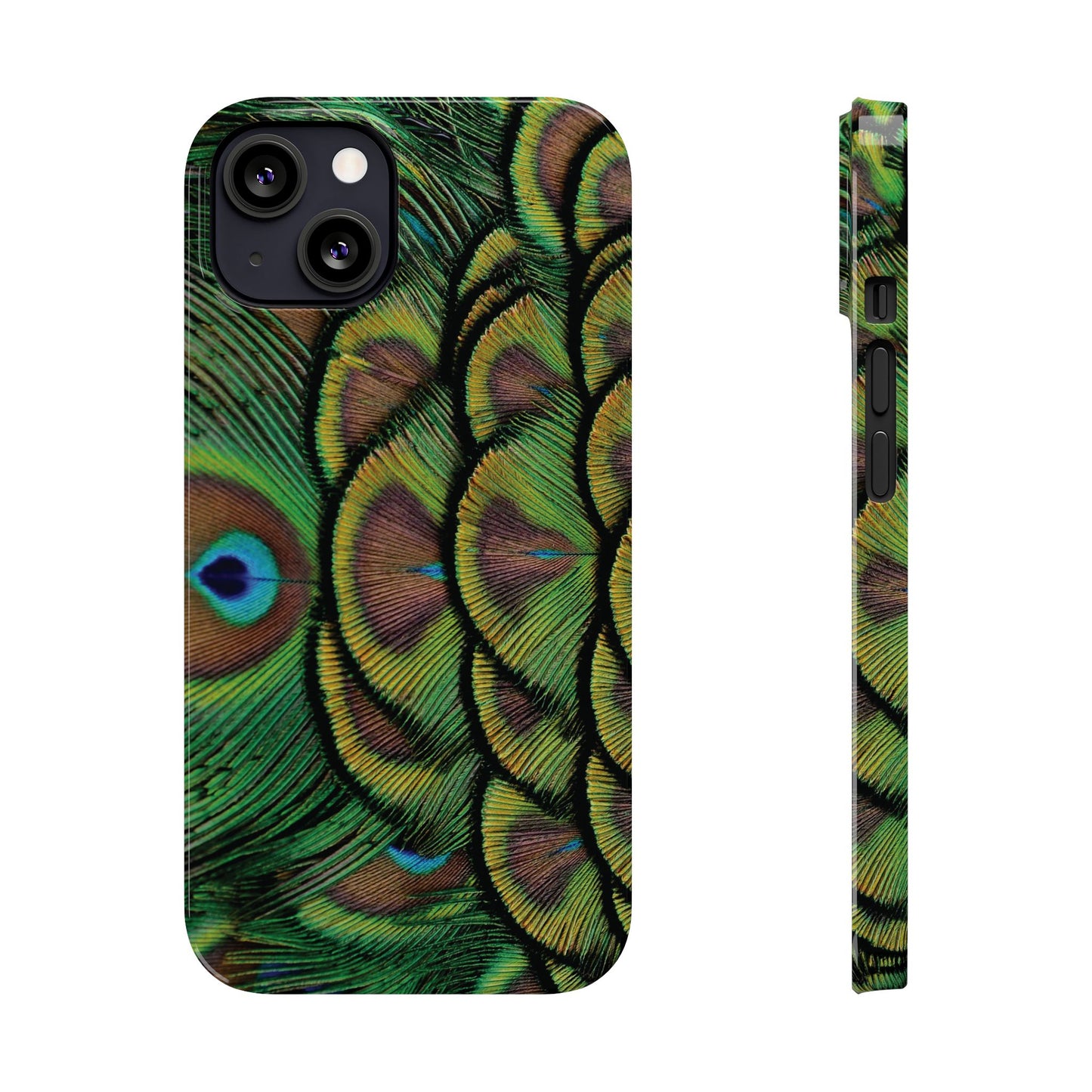 Slim Phone Cases - Brilliant Green Peacock Feathers