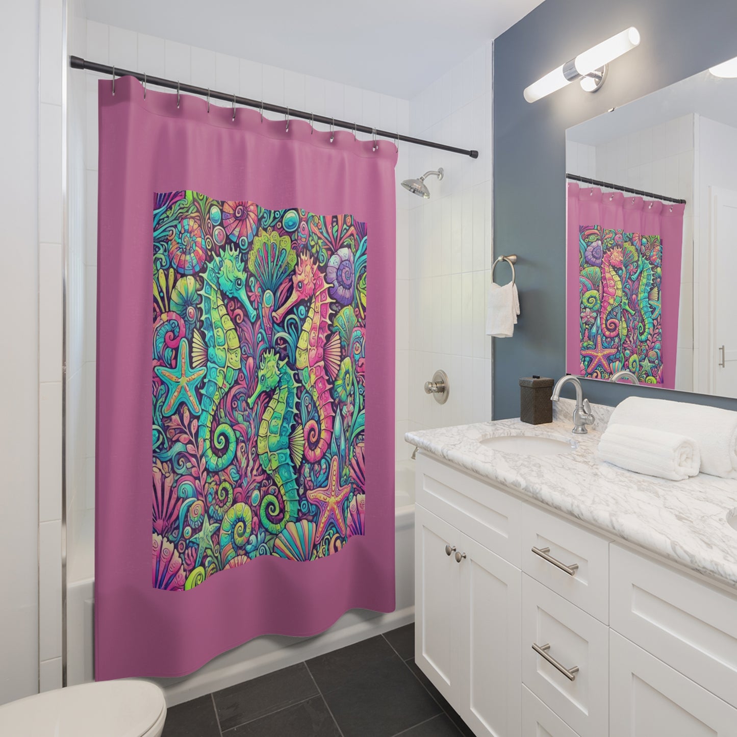 Tropical Shower Curtain - Rainforest Bathroom Decor / Seahorse Trio/Lt. Pink
