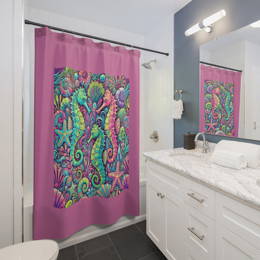 Tropical Shower Curtain - Rainforest Bathroom Decor / Seahorse Trio/Lt. Pink