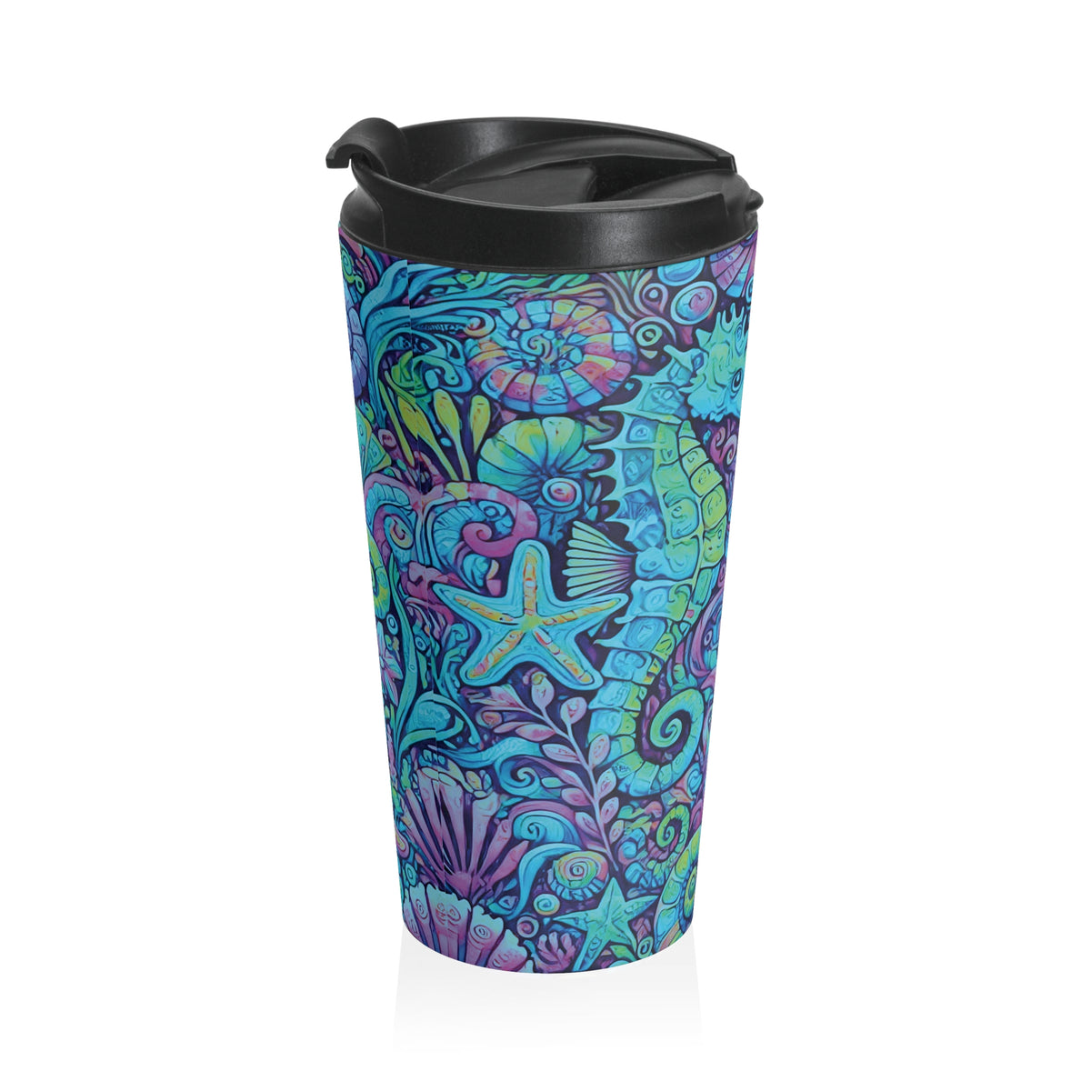 15 oz. Stainless Steel Travel Mug / Seahorse Trio Turquoise