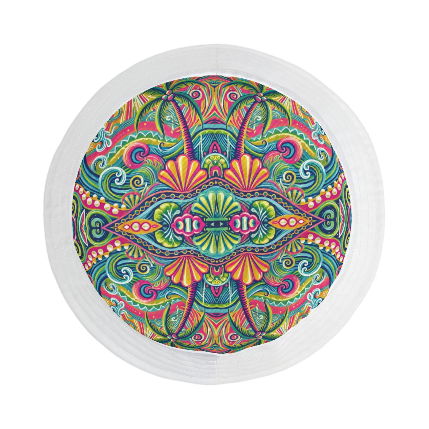 Tropical Polyester Bucket Hat, 2 Sizes - Kaleido Bay/White