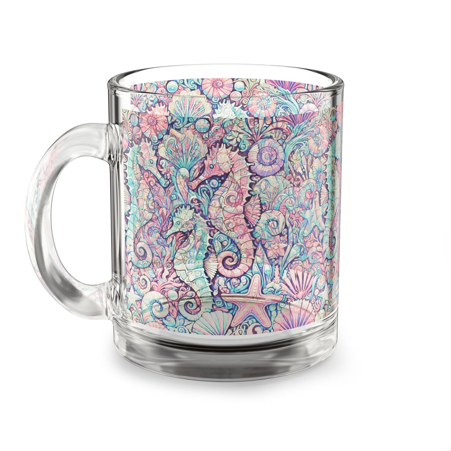 Tropical Glass Mug - 10oz Coffee Cup / Seahorses, Retro