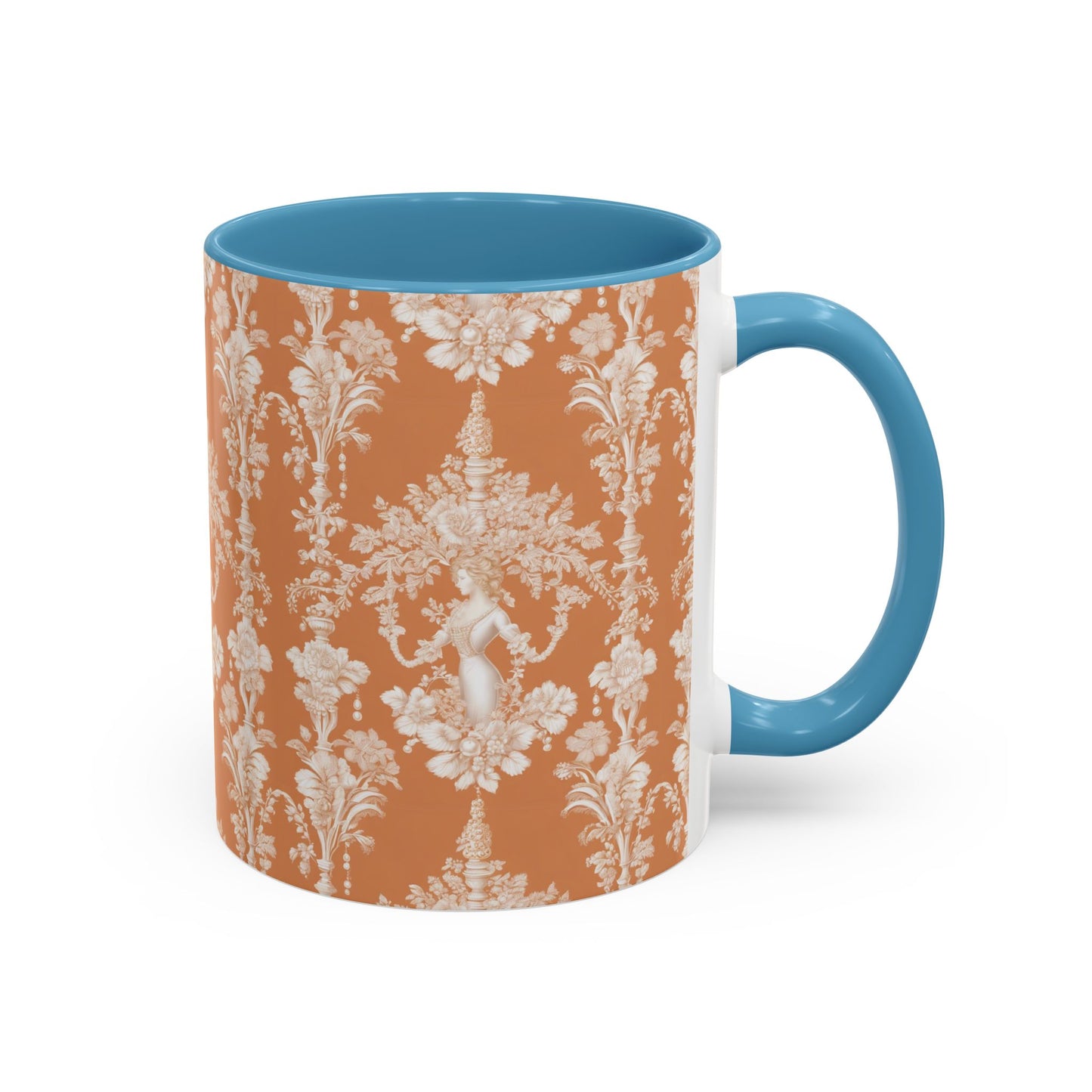 Accent Coffee Mug (11, 15oz), Pearl Lady Toile/Melon Repeat, Various Colors