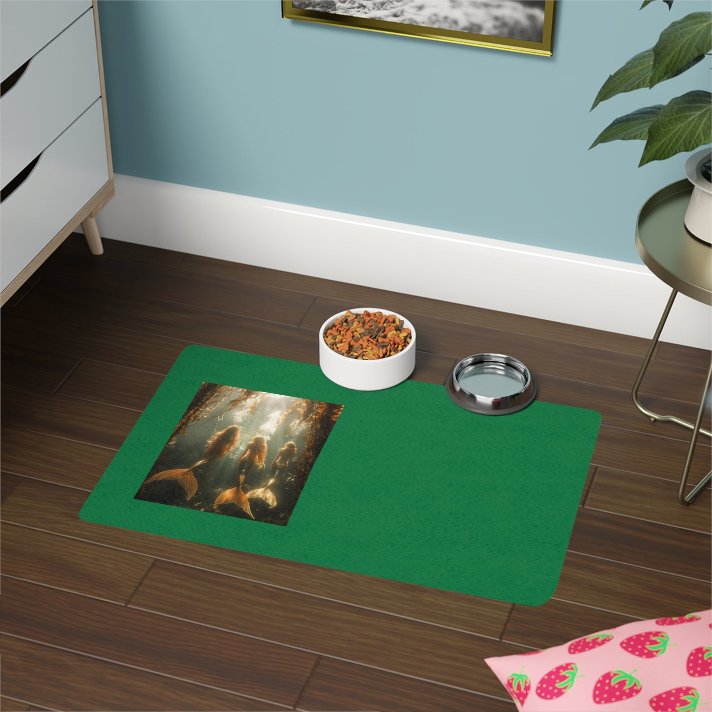 Pet Food Mat (12x18), Three Mermaid Sisters, dark green