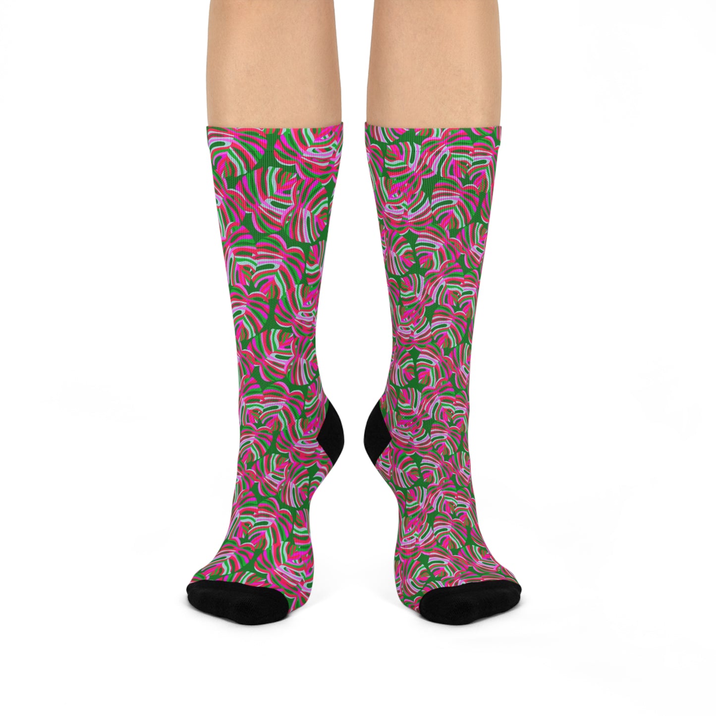 Cushioned Crew Socks - Monstera Pink Pop