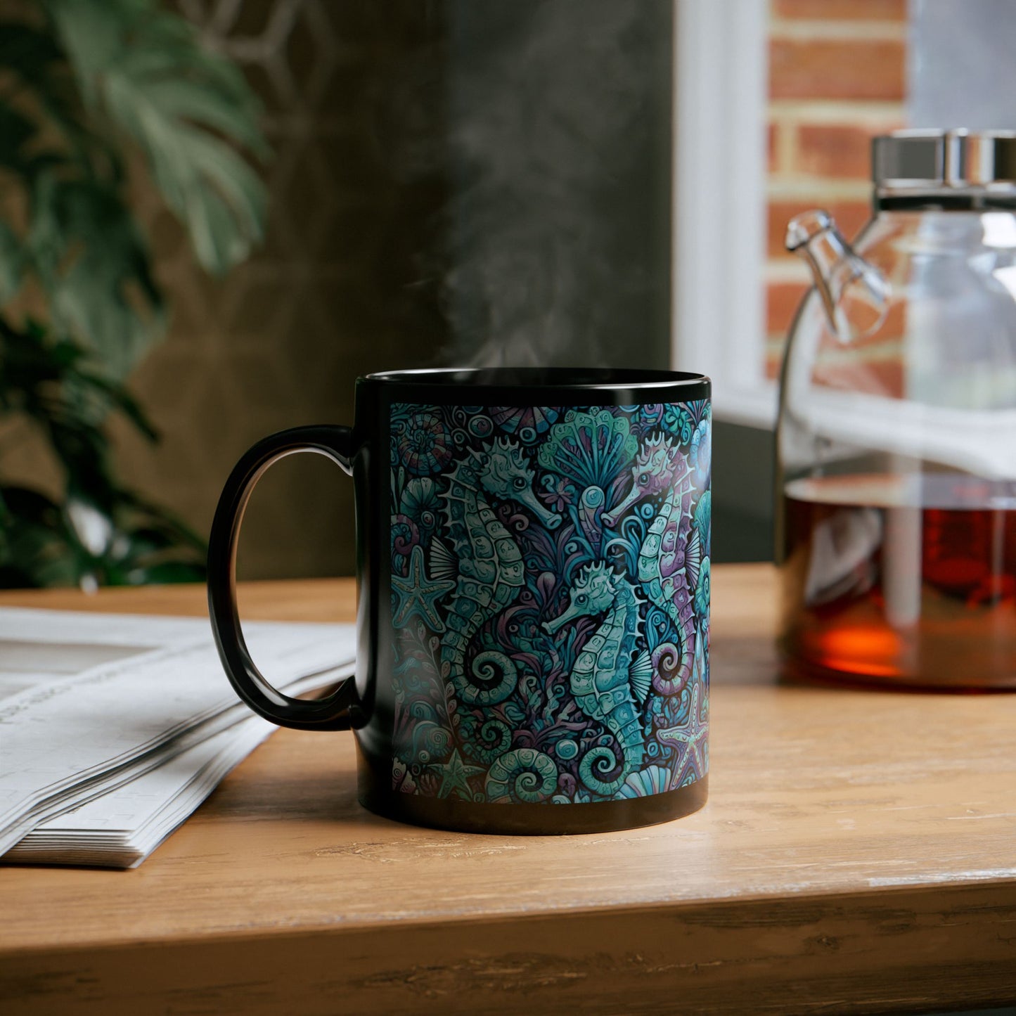 Black Coffee Mug - Seahorse Party, Turquoise