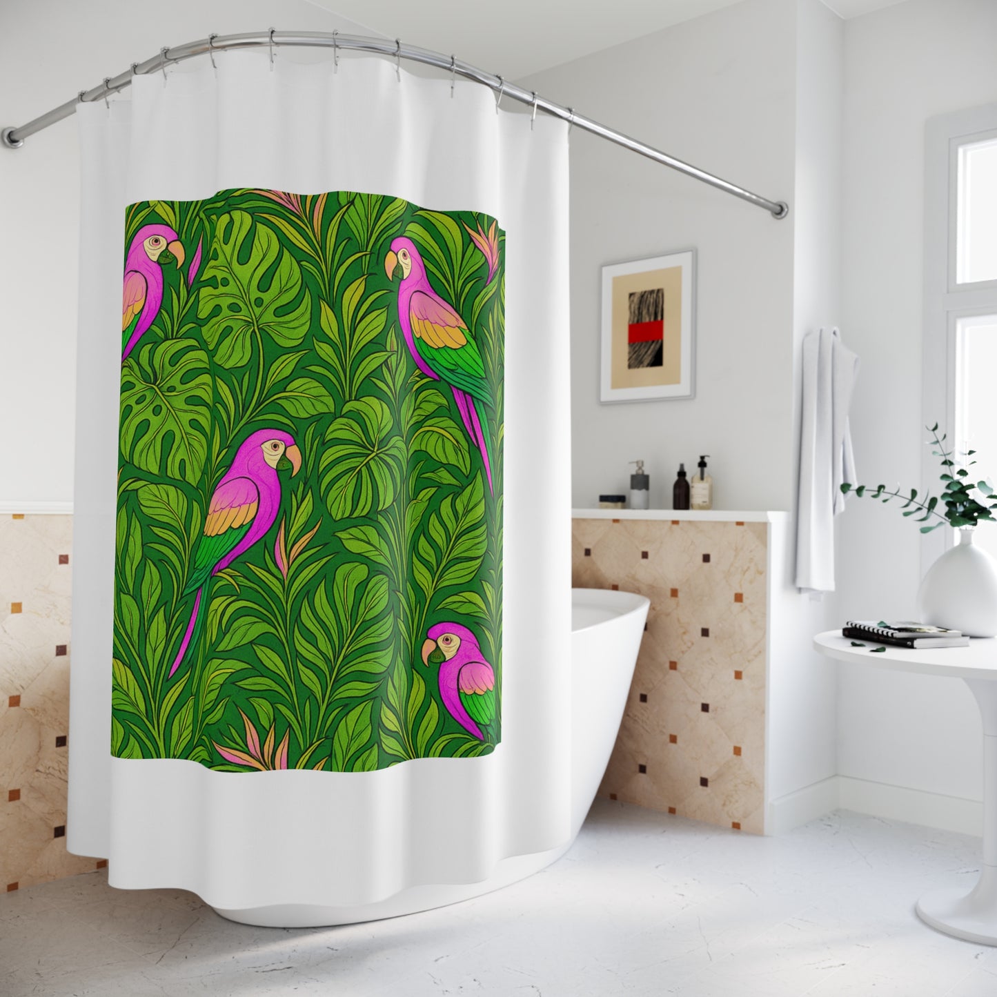 Tropical Shower Curtain - Ocean Bathroom Decor / Parrot Family/Pink, White