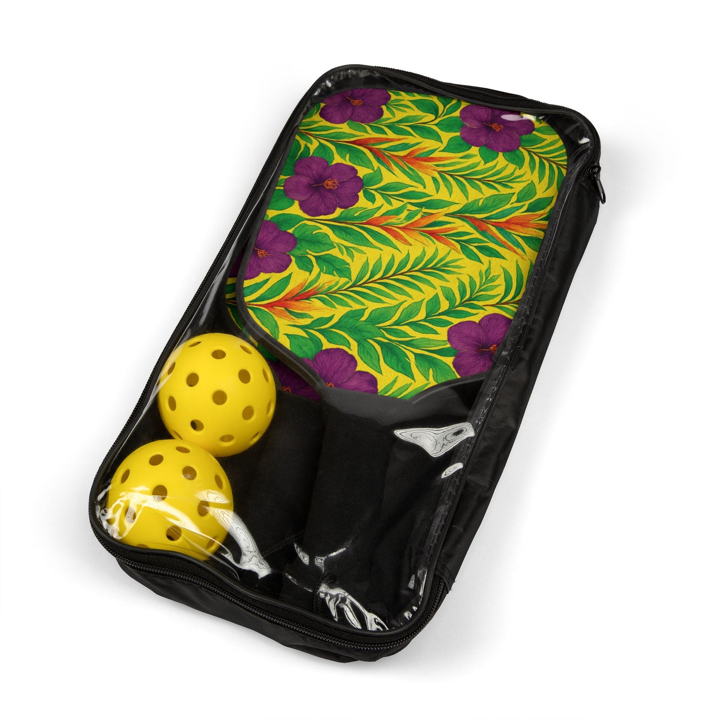 Tropical Pickleball Kit - Rainforest Vibe Paddles & Balls Set / Midnight Flower Yellow