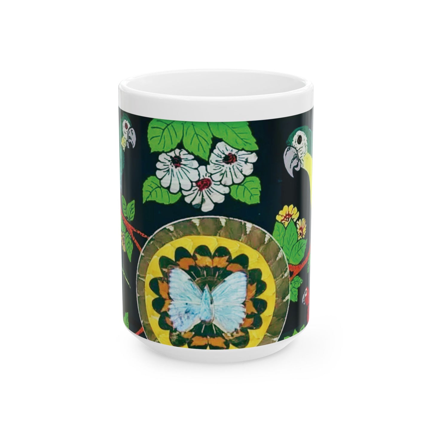Ceramic White Mug - 11oz & 15oz - Parrots & Butterfly/Real Wings