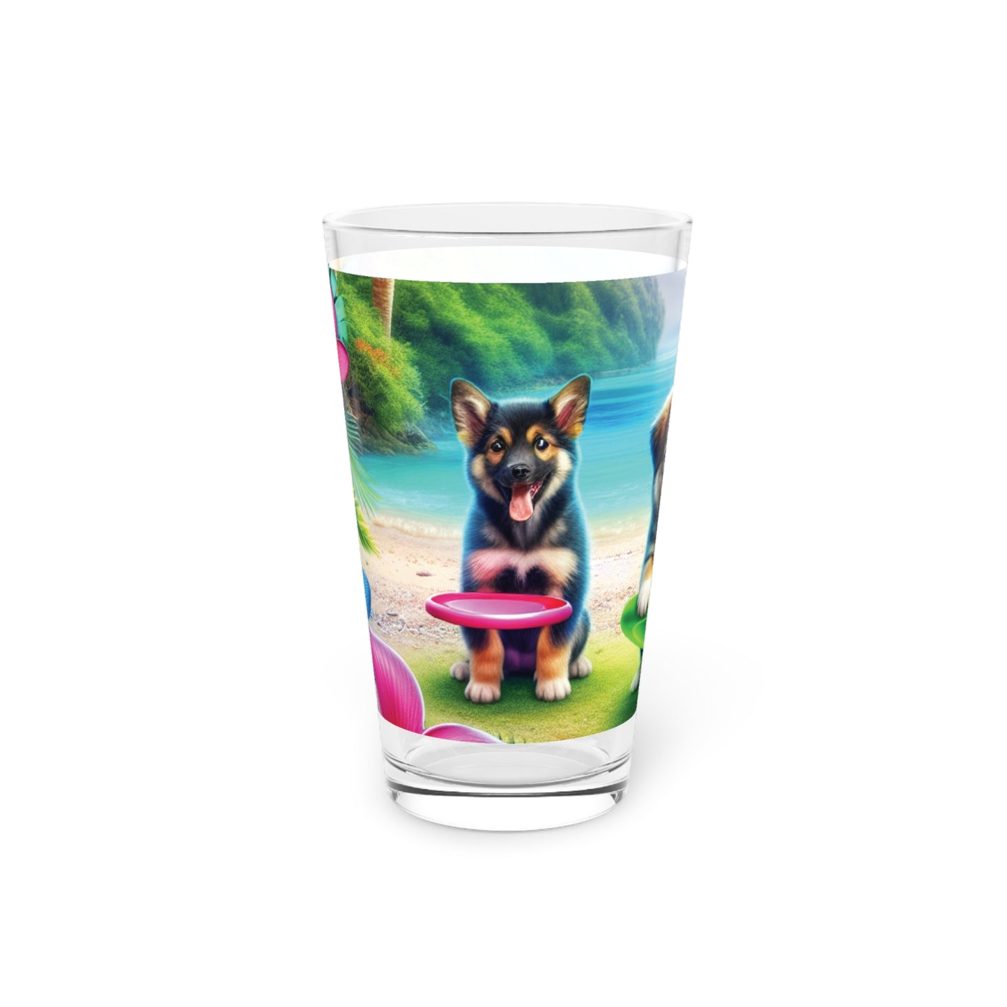 Pint Glass, 16oz - Puppies Playing Frisbee