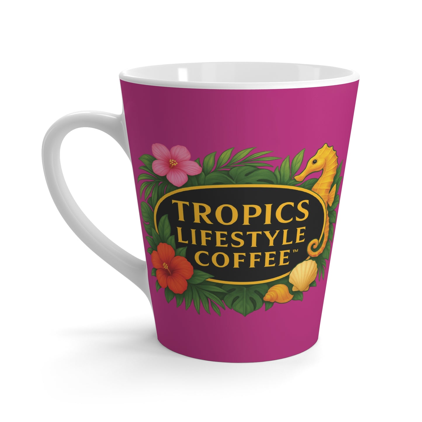 Latte White Mug - Seahorse Fantasy, Pink / TLCoffee Logo