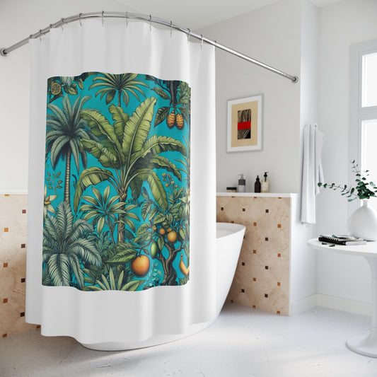 Tropical Shower Curtain - Rainforest Bathroom Decor / Tropical Fruit/Turquoise, White