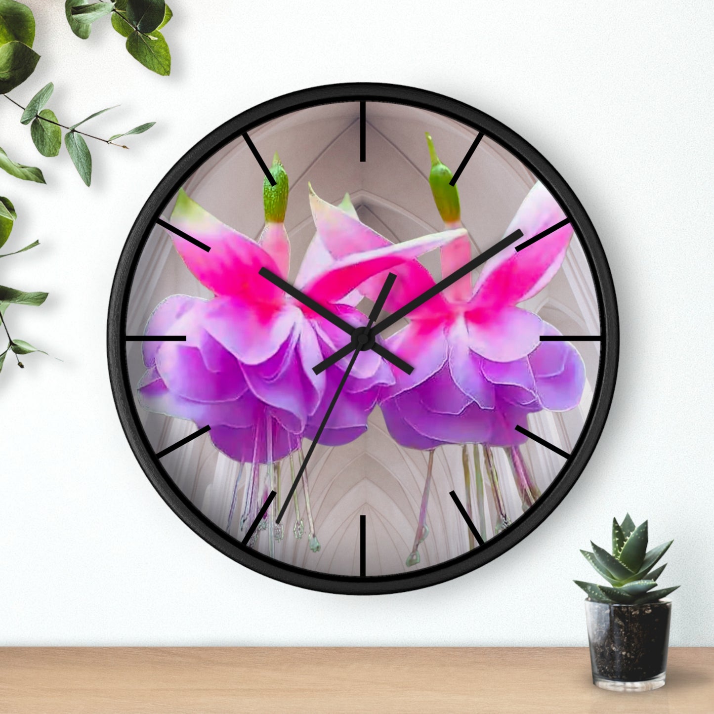 Wall Clock, Two Pink Fuchsias / Gothic, Hands/Base Variants