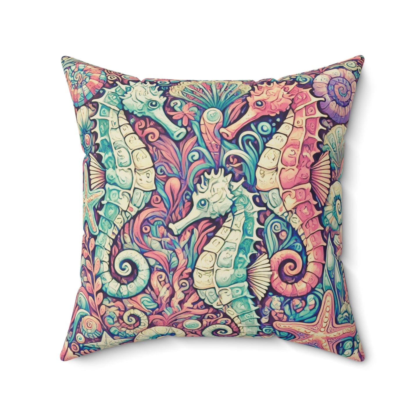 Decorative Pillow - Accent Cushion, 4 Sizes / Seahorse Trio, Retro